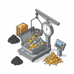 Industrial weighing scale with gold coins and coal. © Lerr