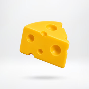 Piece of 3D Swiss cheese with holes. Yellow dairy product icon. Realistic sliced food element for culinary website, menu design or grocery advertisement. Digital vector illustration.