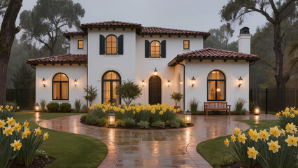 Fototapeta premium a large country house and a courtyard with daffodils