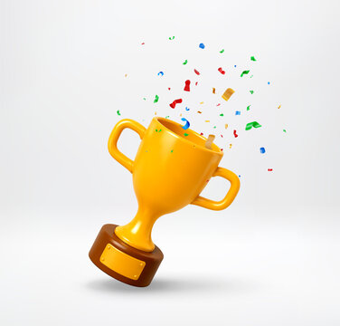 Gold trophy cup with falling colorful confetti. 3d vector illustration of champion award. Success and victory celebration concept for sports event, business growth and achievement prize.