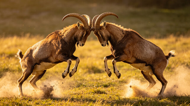 Two wild goats locking horns during territorial fight at golden hour