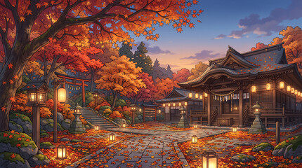 Fototapeta premium 紅葉に包まれた神社へ続く石畳の参道 秋祭りの和風背景
