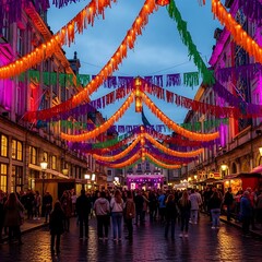 Obraz premium Vibrant Christmas street market decorated with festive colorful garlands at dusk.