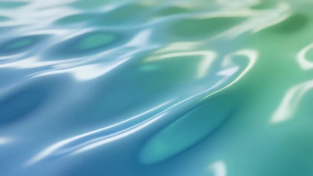 柔らかな光を反射して滑らかに動くパステルブルーとグリーンの液体ガラス背景