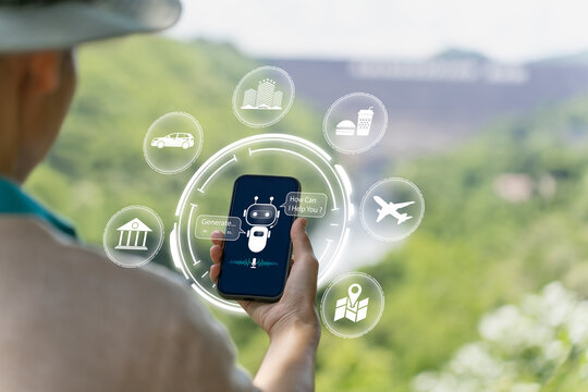 Asian traveler using AI and smartphone to plan trips, compare prices, book hotels, flights, restaurants, rental cars, managing travel budget, smart recommendations for a convenient, enjoyable journey