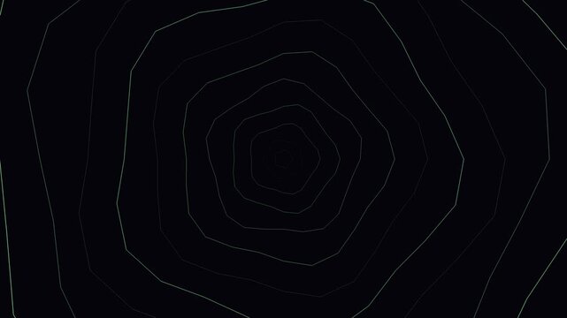 Abstract dark tunnel wave animation with glowing polygonal lines creating a mesmerizing optical illusion, perfect for futuristic backgrounds, tech presentations, or hypnotic visual effects.