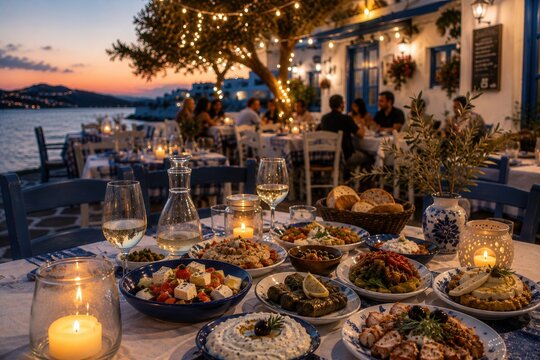 Festliches Silvester-Dinner in einer griechischen Taverne am Meer bei Sonnenuntergang mit mediterranen Speisen, Kerzenlicht und stimmungsvoller Urlaubsatmosph&auml;re.