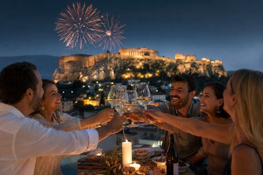 Freundesgruppe st&ouml;&szlig;t an Silvester mit Wein vor der beleuchteten Akropolis in Athen an, w&auml;hrend Feuerwerk den Nachthimmel erhellt &ndash; festliche Stadt- und Reisestimmung.