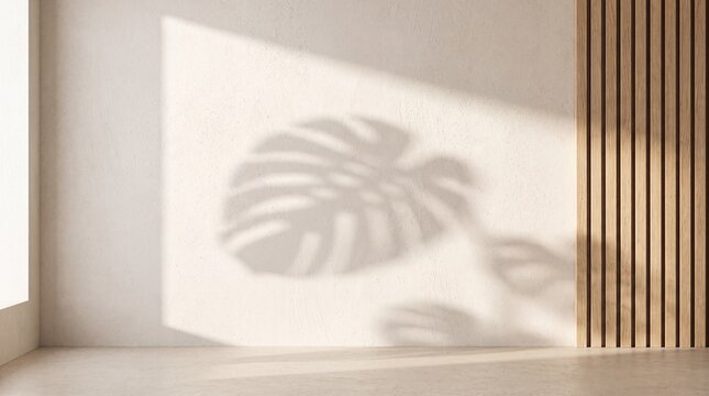 Abstract minimalist background with soft plant shadows on neutral ivory limewash wall