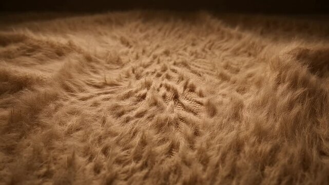 Upscaled macro texture of thick wavy brown shaggy fur carpet with soft golden lighting and depth