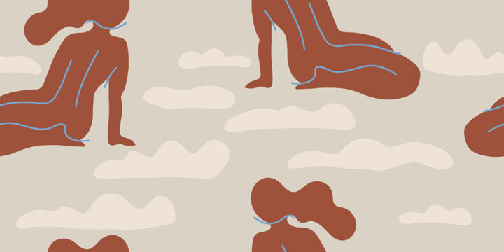 Nude Figures and Clouds Seamless Pattern Background