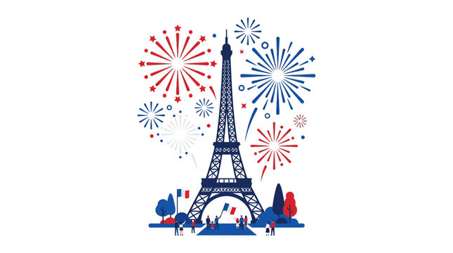 Celebration of Bastille Day in Paris with the Eiffel Tower and red white and blue fireworks display vector illustration
