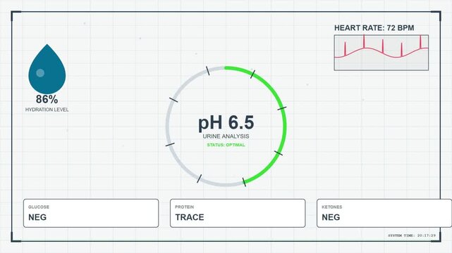 A medical monitor displays vital signs including pH levels and heart rate in a clinical setting with a water droplet symbol.