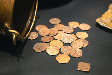 antique copper coins, a hoard exhibit at a money exhibition, numismatics and currency collecting © Leka