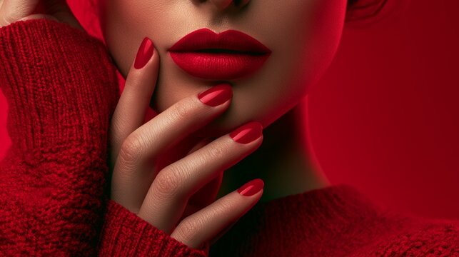 Stunning Portrait of Glamorous Woman with Flawless Beauty in Bold Red Makeup and Sweater
