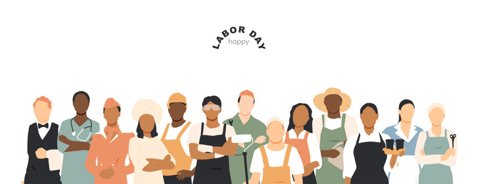 Happy Labor Day banner. People of different professions together. Modern design.