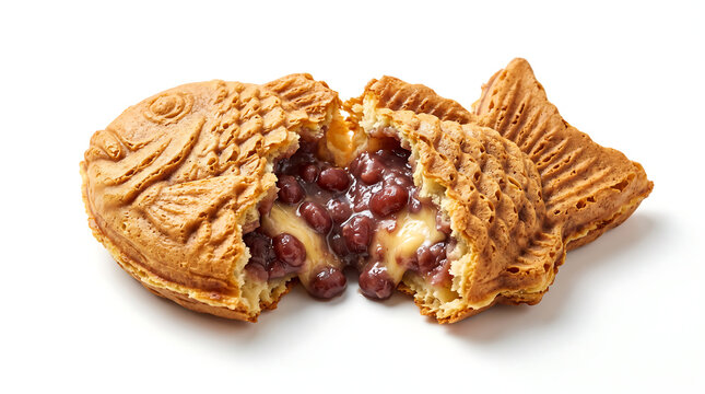 Freshly baked, golden brown pastry, shaped like a fish and cut open to reveal a generous, sweet red bean paste filling, a comforting traditional dessert
