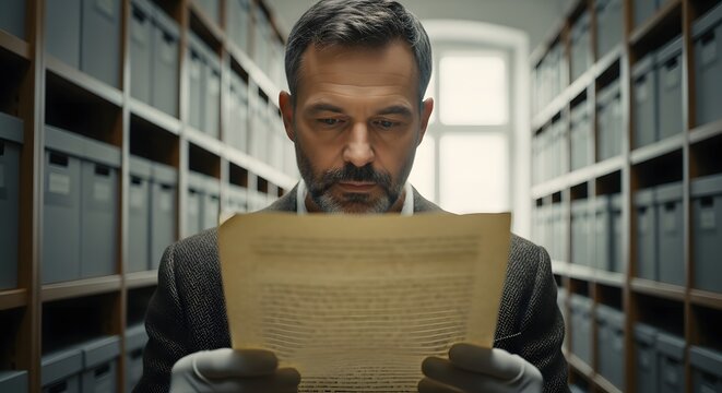Archivist examining old document in library setting