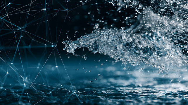 an illustration concept combining binary code overlays and grids over a close-up of splashing water drops, focusing on tokenization, surveillance, and data tracking of water resources