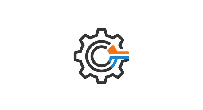 Modern gear logo featuring an integrated orange directional arrow.
