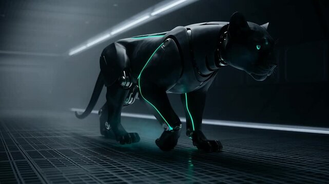 Cinematic upscaled render of robotic black panther prowling through dark futuristic neon corridor
