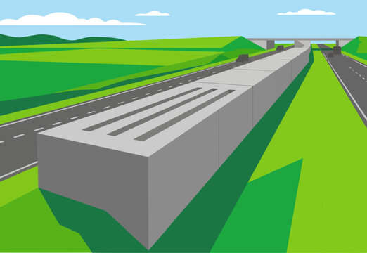 Modern illustration depicts concrete roadways with induction coil embedding logistics. A long, grey structure spans a green landscape, showcasing infrastructure and transport. Clean, graphic style.