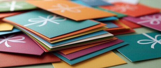 Fototapeta premium Vibrant stack of multicolored gift voucher cards with elegant white bow motifs perfect for retail promotions, holiday campaigns, loyalty programs, and celebration marketing concepts.