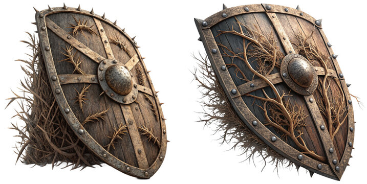 Two medieval wooden round shields with metal studs and decorative vine details as isolated element