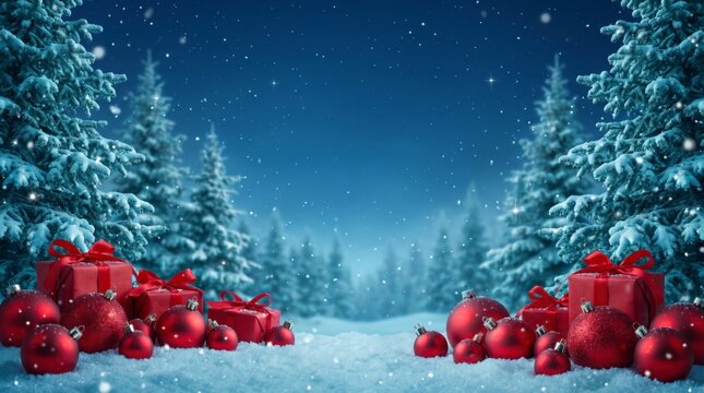 Elegant red ornament display frames snowfall in a deep blue Christmas forest