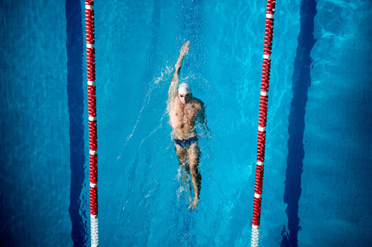 Professional swimmer performing freestyle backstroke during training. Overhead view, male athlete advancing through lane with alternating arm pull and steady kick in clear blue pool