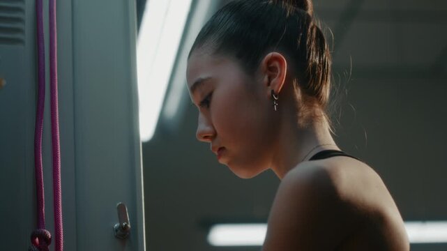 Teenage Rhythmic Gymnast Takes Break in Training to Connect With Friend. Wearing Training Gear, Girl Connects Bluetooth Headphones to Mobile Phone to Listen Supportive Voice Memo. Digital Connection.