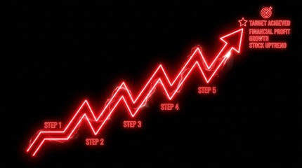 Naklejka premium A glowing red upward arrow chart with labeled stages STARTUP, MARKET ENTRY, PROFITABLE DEAL, REVENUE GROWTH, FINANCIAL SUCCESS ending at dollar target symbol.