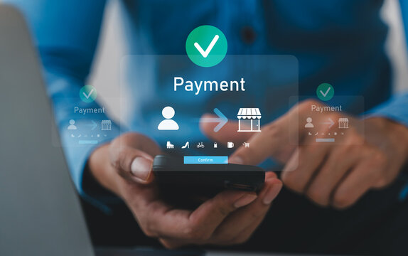 Human with online payment and shopping online, online banking digital technology, purchases, digital marketing, bank, banking applications, Financial transaction and global business online