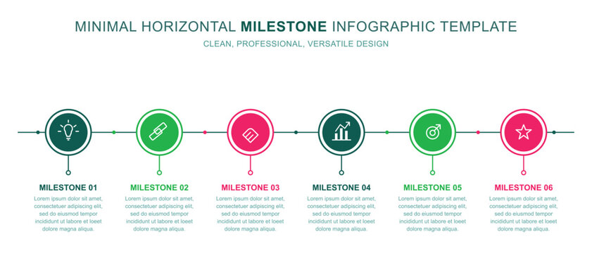 Minimal horizontal milestone infographic template with six circular step icons on line for clean professional versatile business timeline design