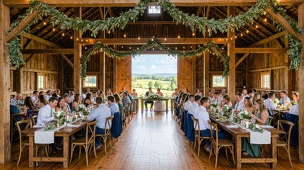 Fototapeta premium Rustic barn wedding reception with long tables and guests enjoying a celebratory meal