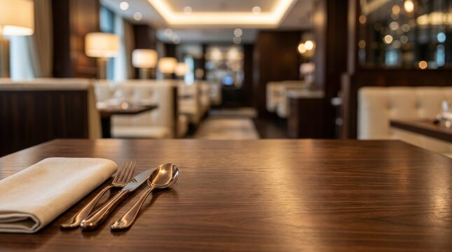 A close up view of a set of silverware and a folded napkin placed on a polished wooden table in a luxury restaurant