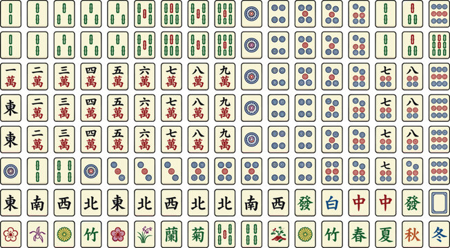 Traditional Chinese Mahjong Tiles Full Vector Set with Characters Bamboo Dots Winds Dragons and Flowers for Table Board Game Design