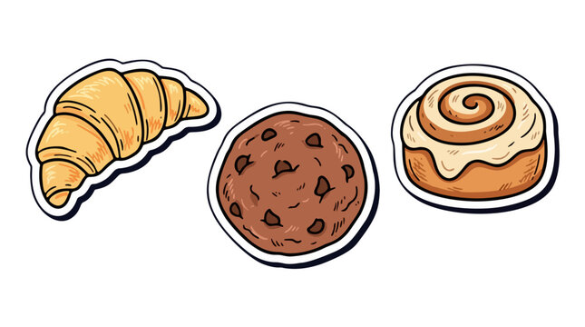 Cute kawaii pastry set with croissant chocolate chip cookie and cinnamon roll vector sticker pack