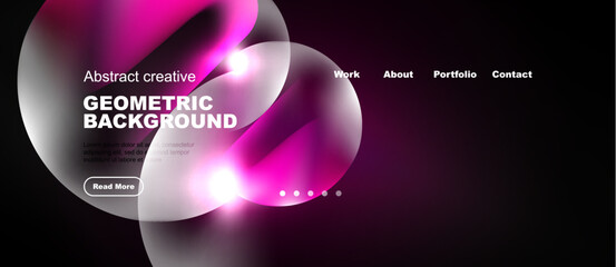 Naklejka premium Abstract website design features vibrant pink geometric shapes over dark background. Navigation includes work, about, portfolio, contact options.