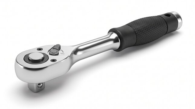 Professional torque wrench isolated on a white background with realistic chrome vanadium steel texture and studio lighting.