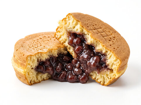 A traditional sweet treat cut open revealing red bean paste filling inside