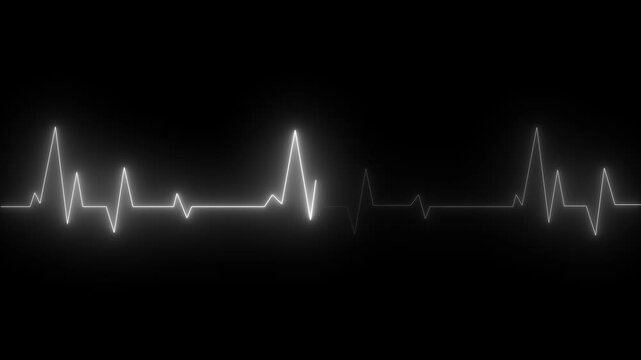 Neon glowing heartbeat and pulse rate animation. white color heartbeat monitor ECG line monitor showing heart pulse 4k video animation black background.