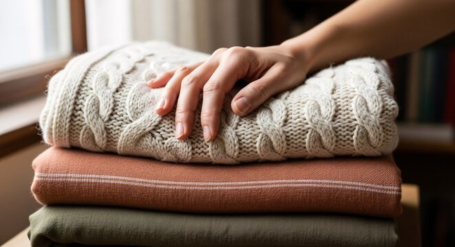 Close up of a hand gently folding a cozy knitted blanket on top of neatly stacked warm clothing in a home setting perfect for comfort and relaxation themes