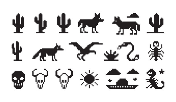 Wildlife and nature pixel art symbols featuring coyote skull and desert landscape elements.