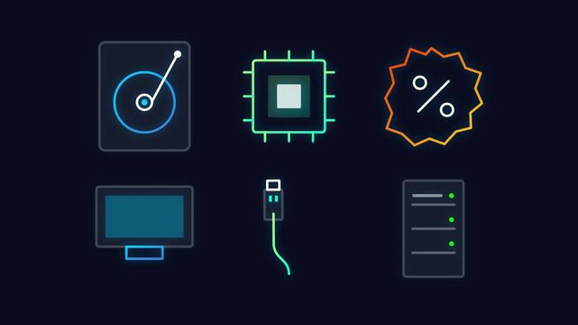 Neon Glowing Technology Icons Animation Dark Background