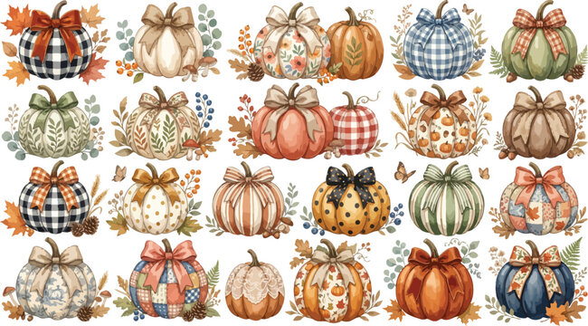 A collection of watercolor autumn pumpkins featuring various patterns and textures arranged in a grid pattern on a clean white background design