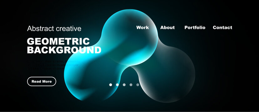 Dark background features abstract blue shapes, text elements, navigation menu. Modern design suitable for website header or presentation.