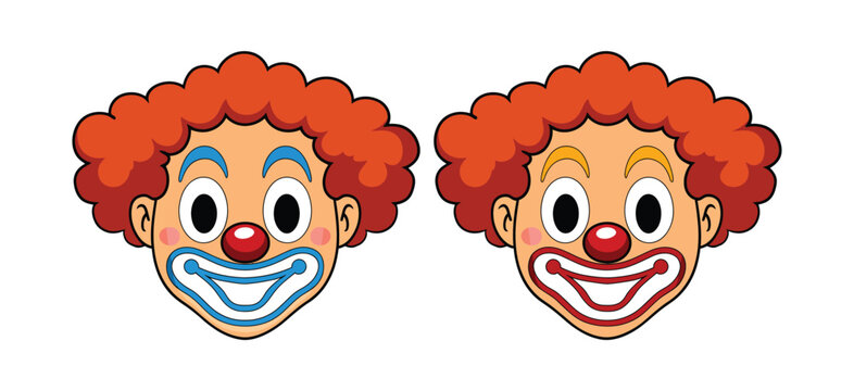 Clown Faces flat vector illustration. Smiling cartoon characters with red noses and orange hair isolated for circus, kids, party, and entertainment design.