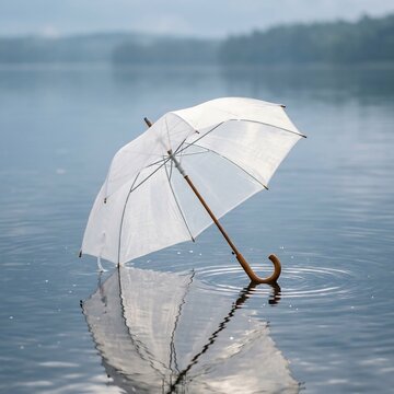 White umbrella floating on calm lake water