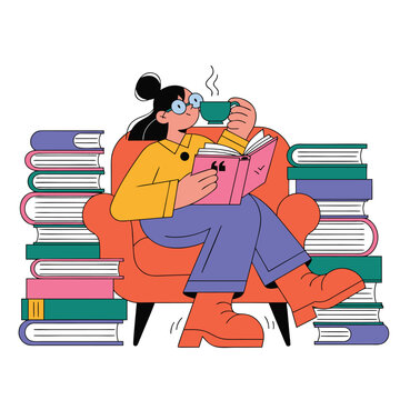 Young woman reading a book and drinking tea while sitting in a cozy armchair surrounded by many stacks of books